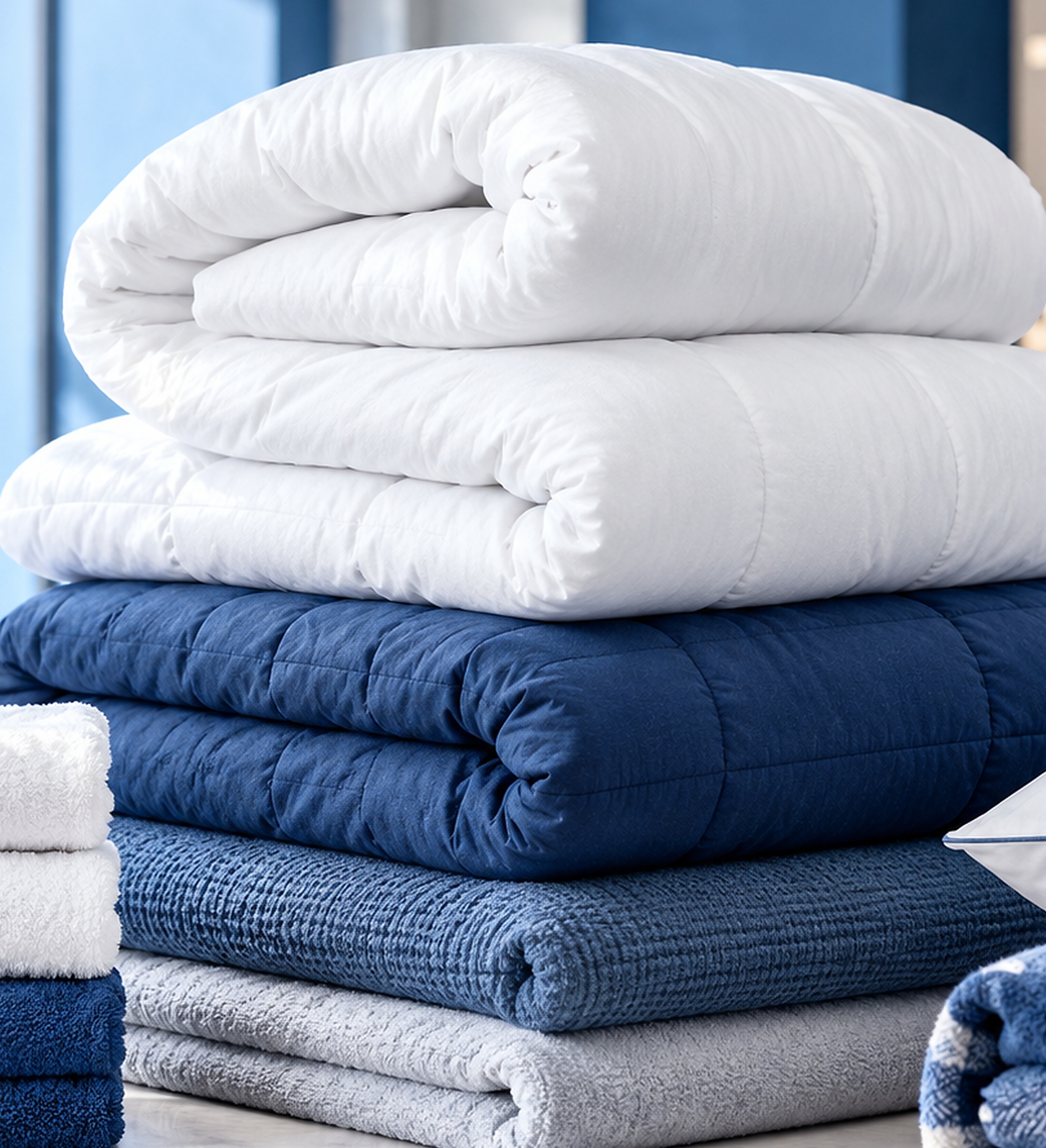 Edredons, cobertores e roupas de cama limpas